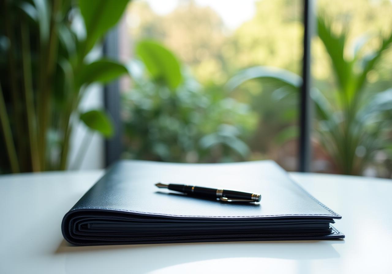 Dokumenty prawne i pióro na tle nowoczesnego ogrodu