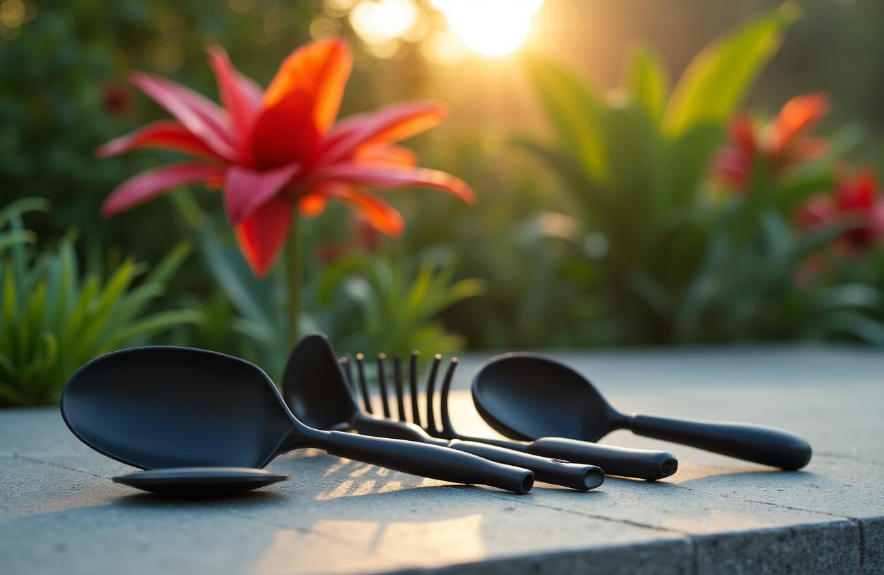 Zestaw profesjonalnych narzędzi ogrodniczych na tle nowoczesnego ogrodu